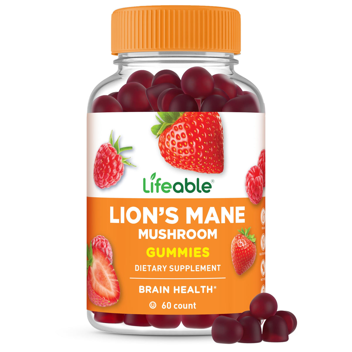 Bouteille de gummies Lion's Mane Lifeable vue de face avec étiquette colorée