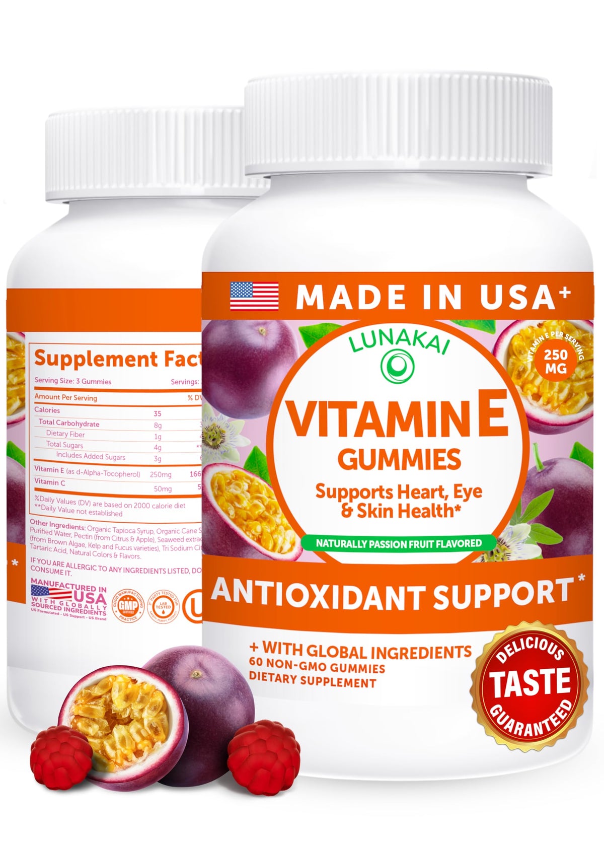 Bouteille de gummies Lunakai avec 60 gummies de vitamine E et C