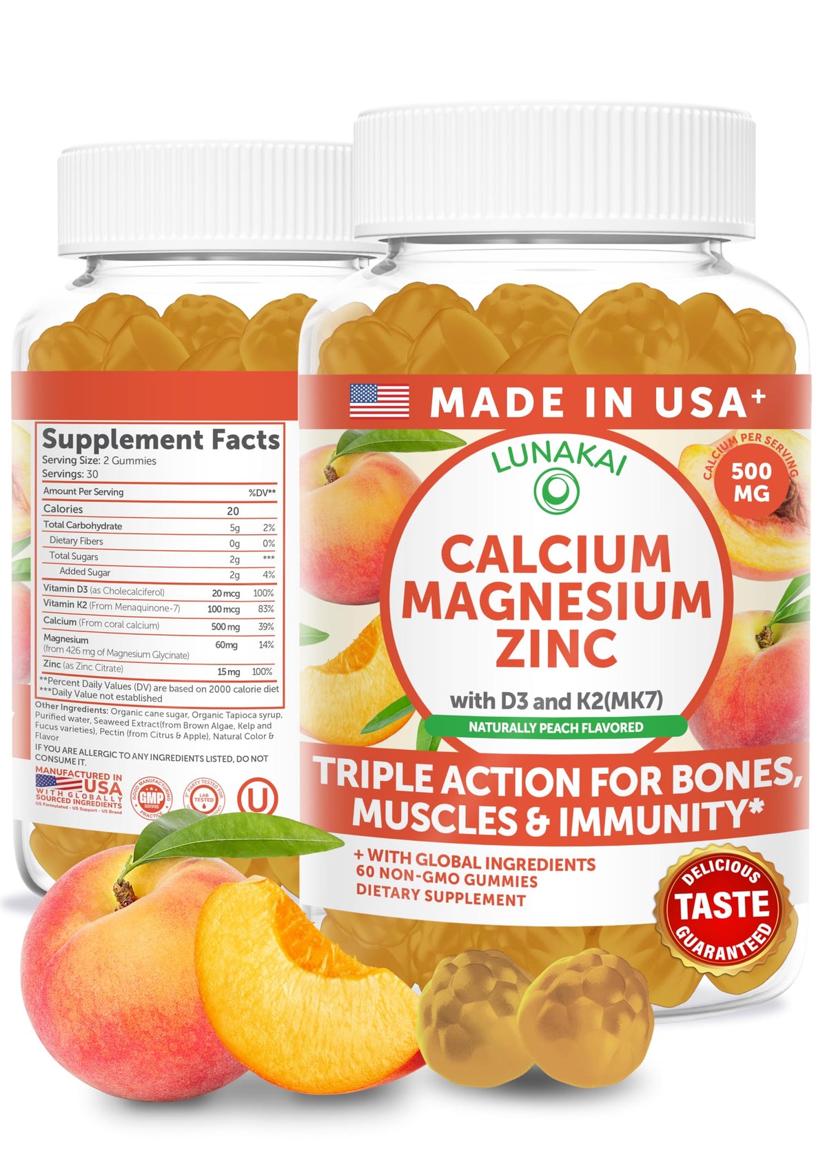 Bouteille de gummies Lunakai Calcium Magnésium Zinc 60 gummies vue de face