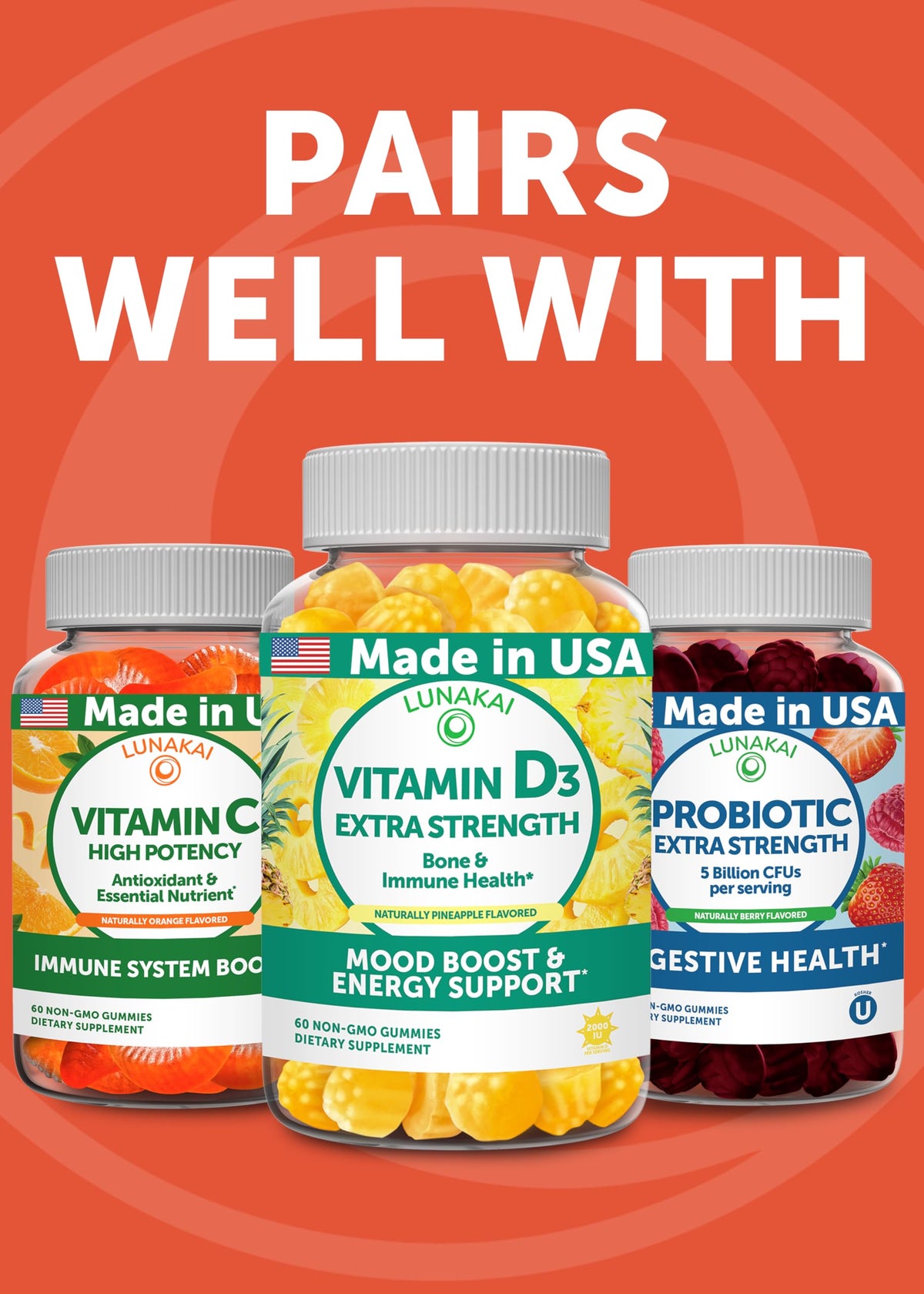Bouteille de gummies Lunakai Calcium Magnésium Zinc avec Vitamine D3 et K2 sur fond coloré