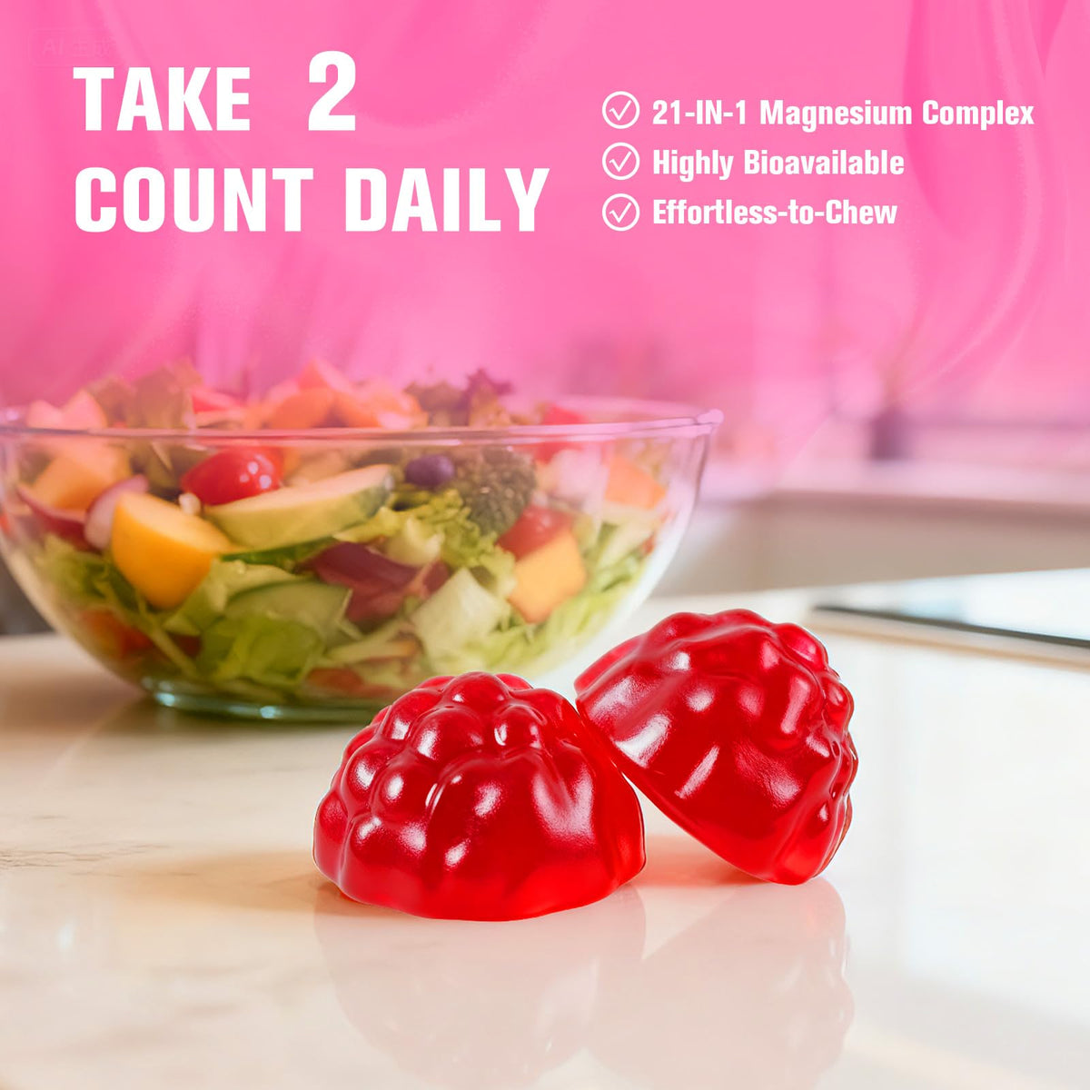 Bouteille de Gummies Magnésium DailyWhole 21 en 1 ouverte