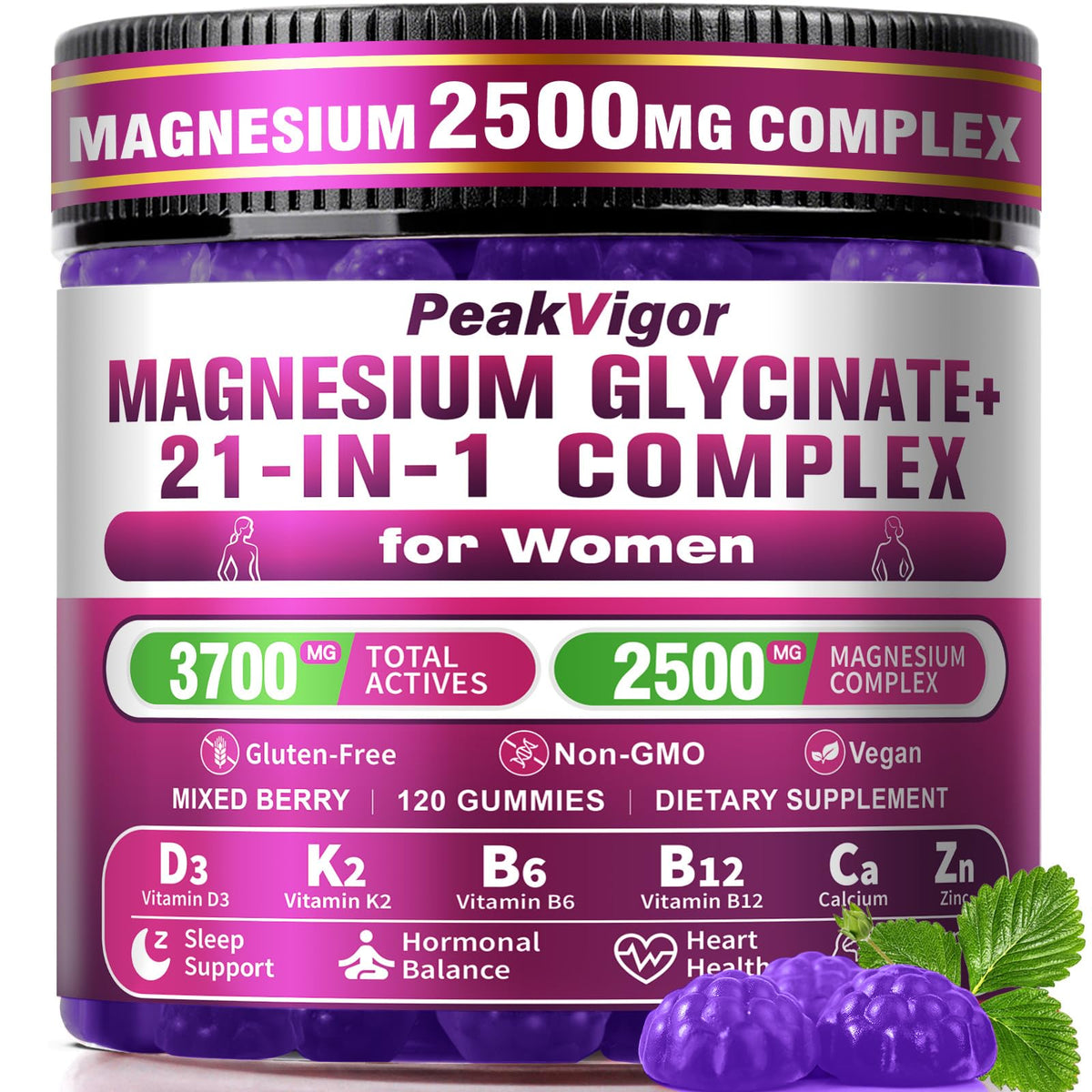 Bouteille de gummies Magnésium Glycinate 21 en 1 PeakVigor avec 120 gummies