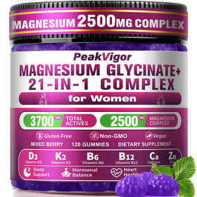 Bouteille de gummies Magnésium Glycinate 21 en 1 PeakVigor avec 120 gummies