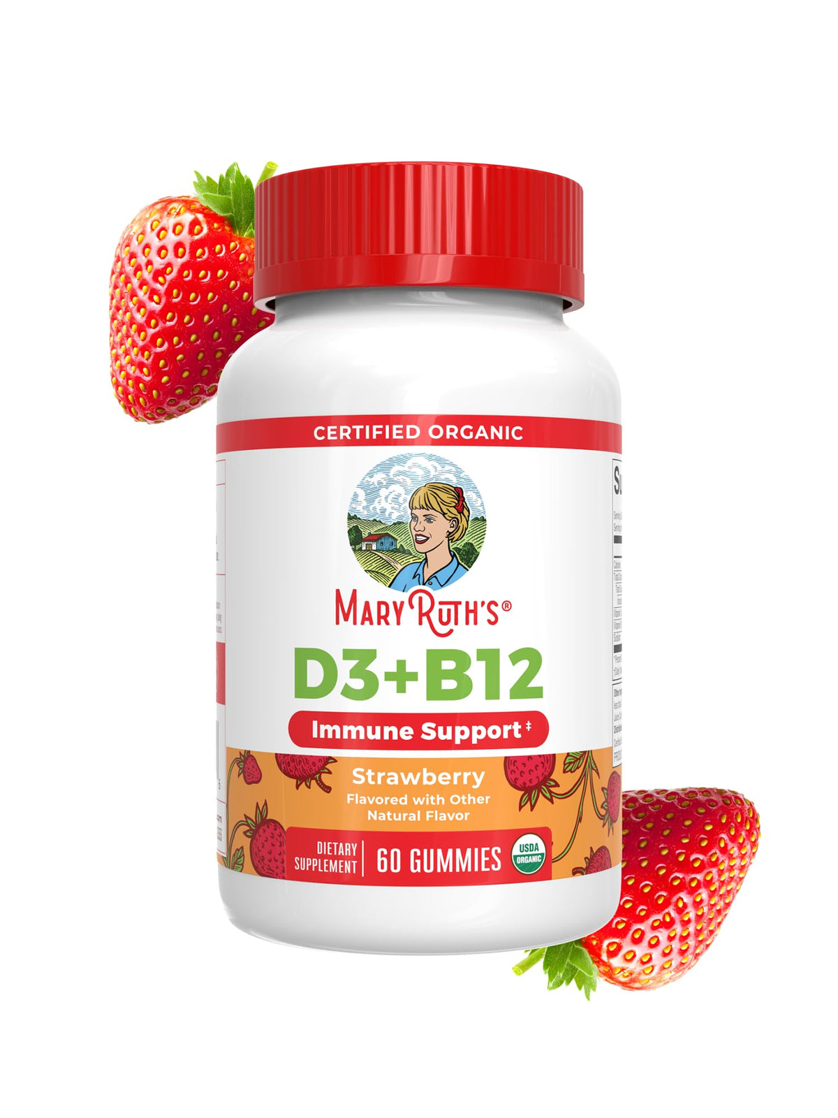 Bouteille de gummies MARYRUTH'S à la vitamine D3 et B12, vue de face