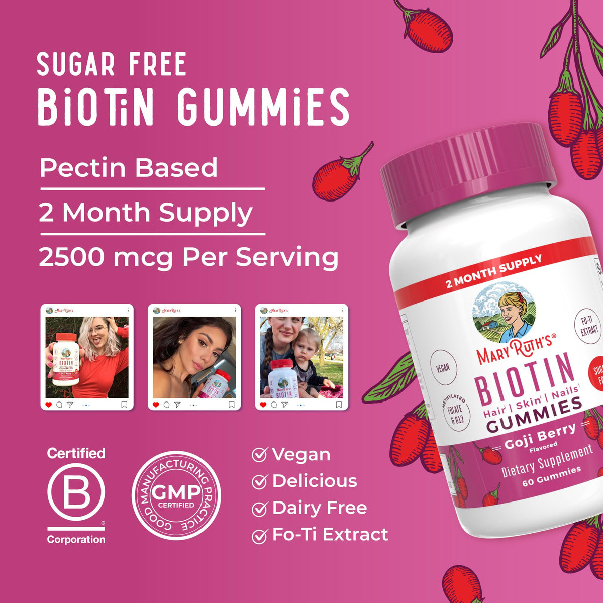 Bouteille de gummies MARYRUTH'S Biotine ouverte avec gummies visibles