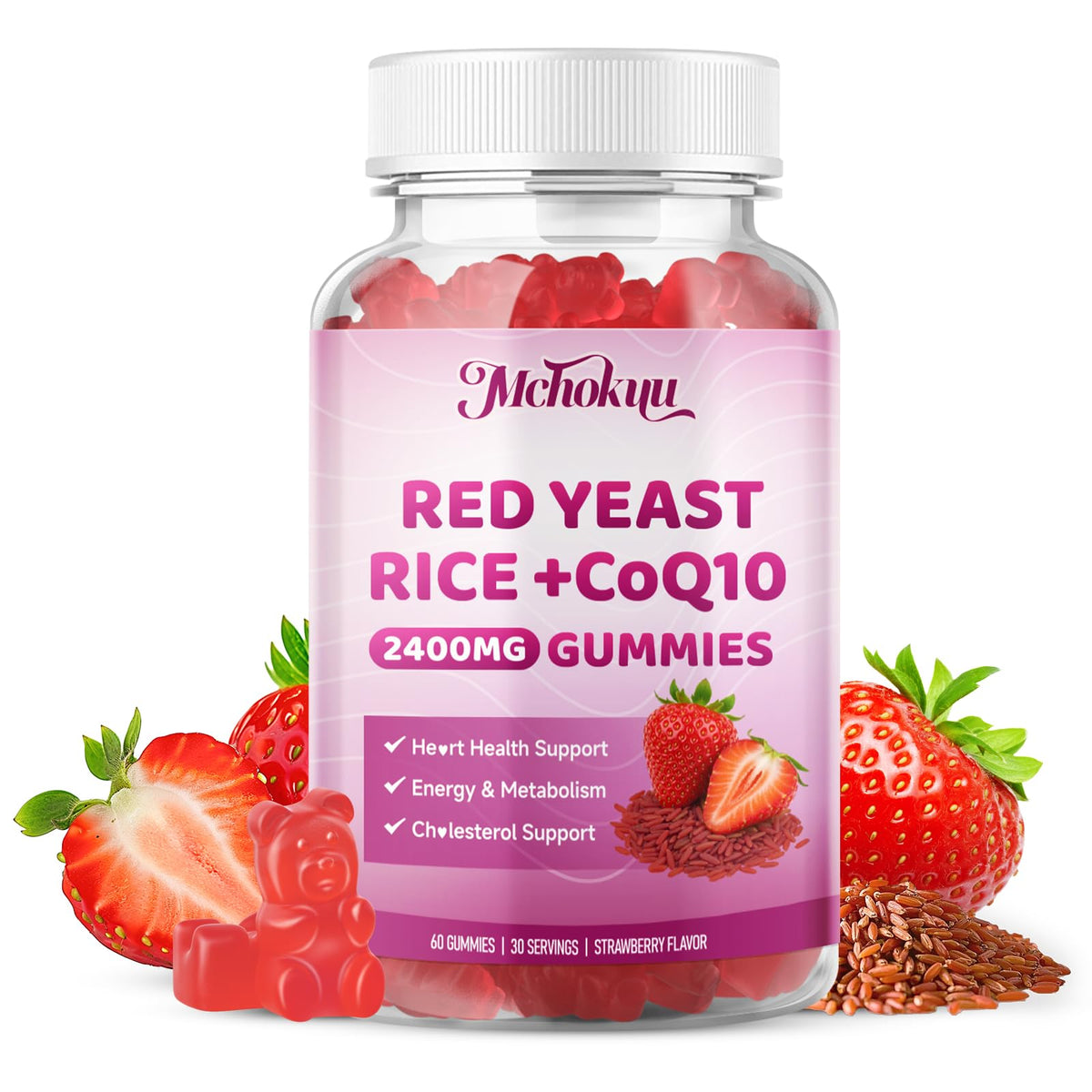 Bouteille de gummies Mchokuu au riz rouge 2400mg, 60 gélifiés, vue de face