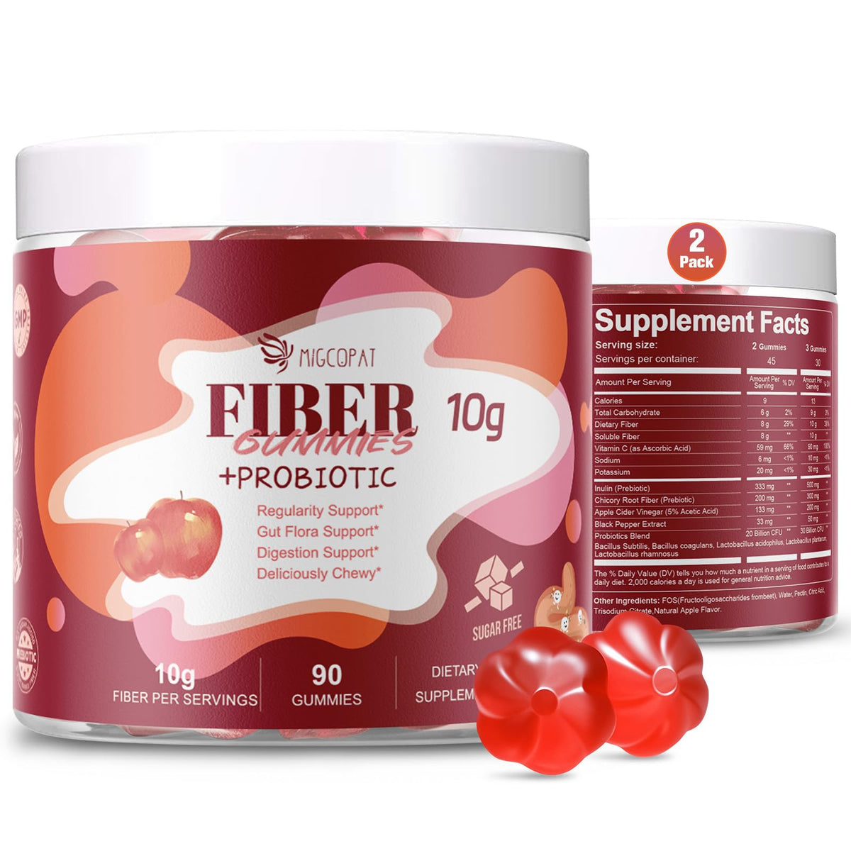 Bouteille de gummies Migcopat Fibre Sans Sucre, 90 gummies au goût pomme
