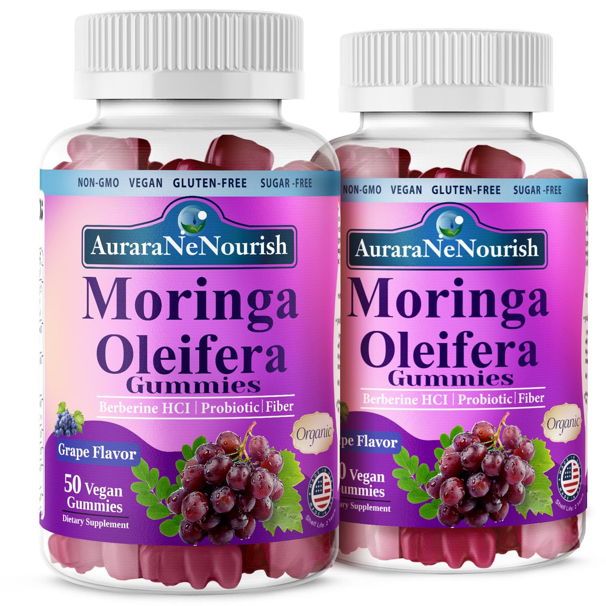 Bouteille de gummies Moringa Bio AuraraNeNourish vue de face