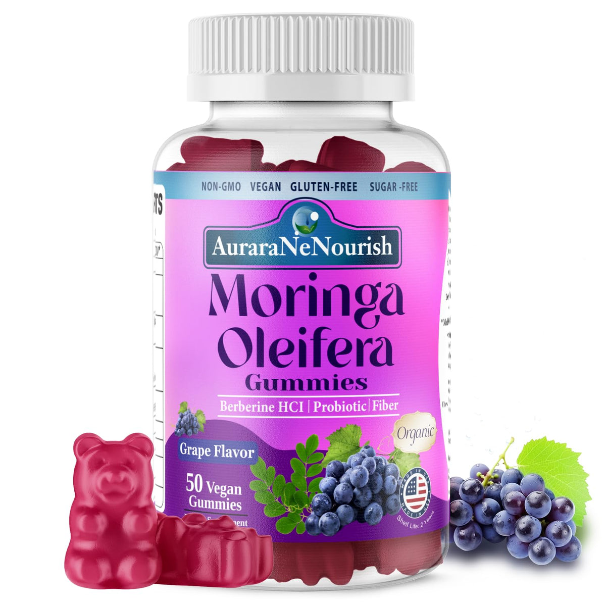 Bouteille de gummies Moringa Oleifera AuraraNeNourish vue de face