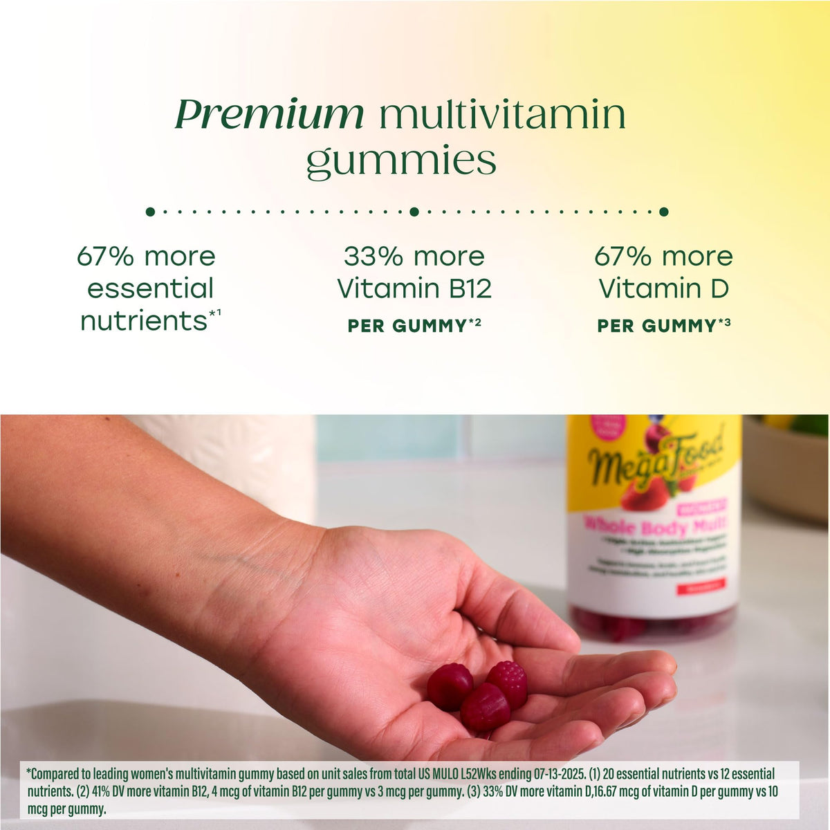 Bouteille de gummies multivitamines MegaFood ouverte avec gummies visibles
