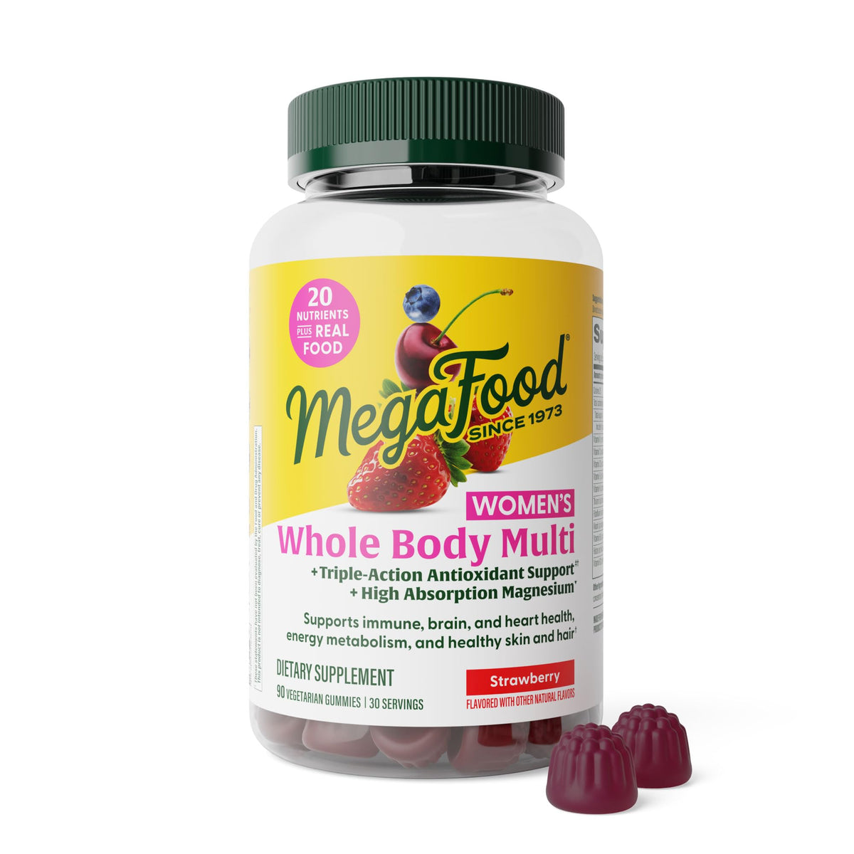 Bouteille de gummies multivitamines MegaFood pour femmes, saveur fraise