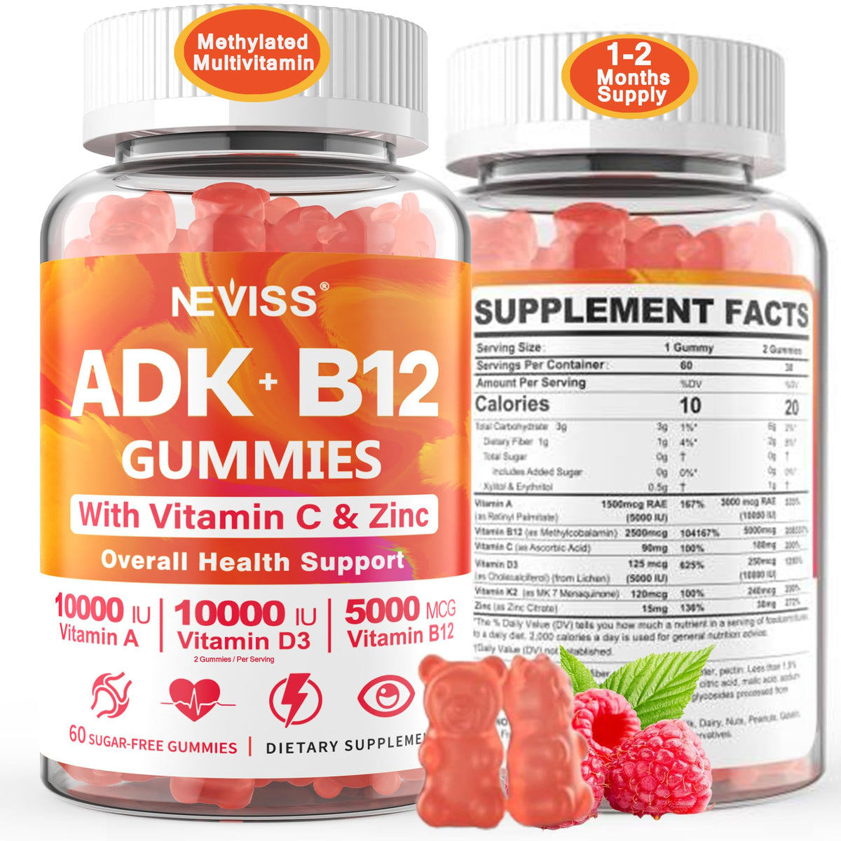 Bouteille de gummies multivitamines NEVISS avec étiquette détaillant les ingrédients
