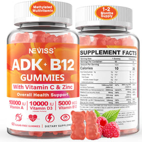 Bouteille de gummies multivitamines NEVISS avec étiquette détaillant les ingrédients