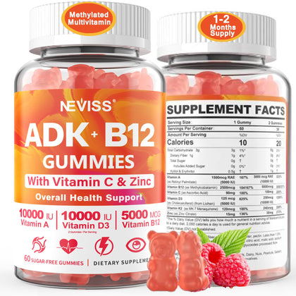 Bouteille de gummies multivitamines NEVISS avec étiquette détaillant les ingrédients