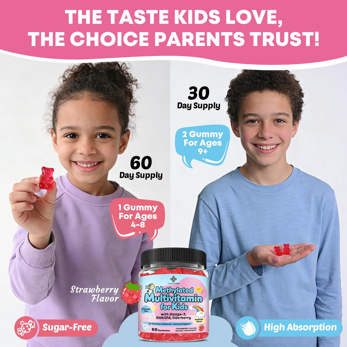Bouteille de gummies multivitamines YANLUOBO ouverte