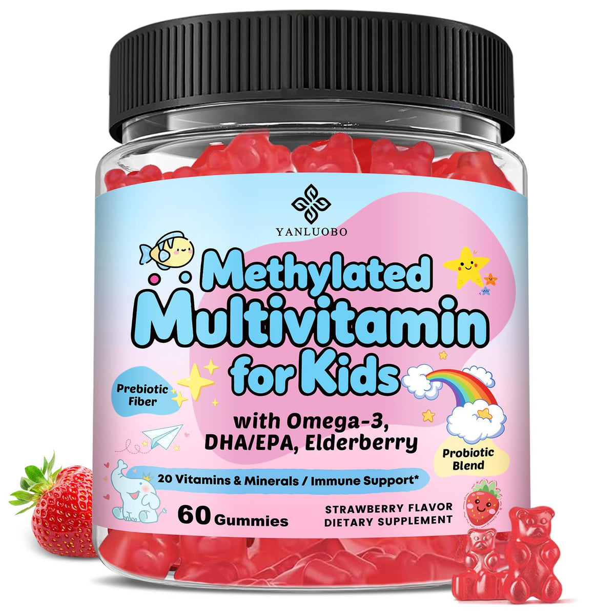 Bouteille de gummies multivitamines YANLUOBO pour enfants, 60 gummies