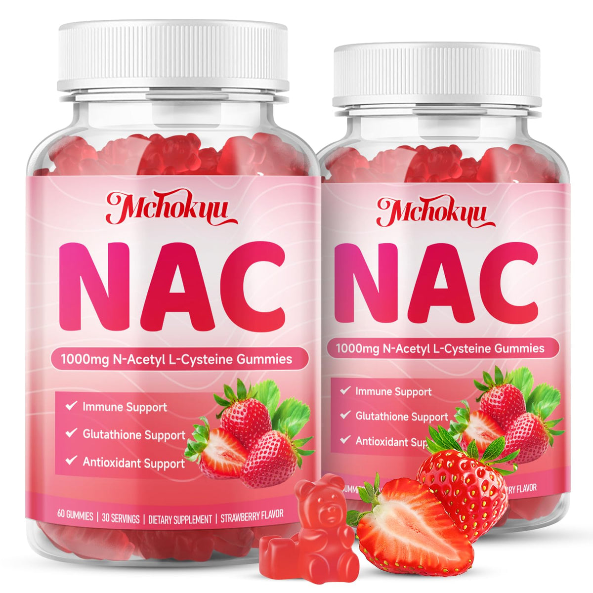 Bouteille de gummies NAC Mchokuu 1000mg saveur fraise vue de face