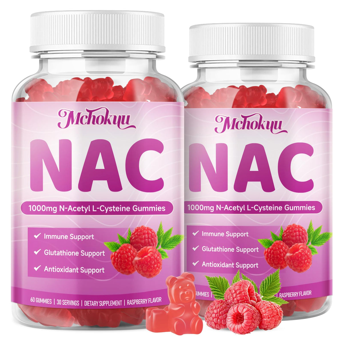 Bouteille de gummies NAC Mchokuu 1000mg saveur framboise vue de face