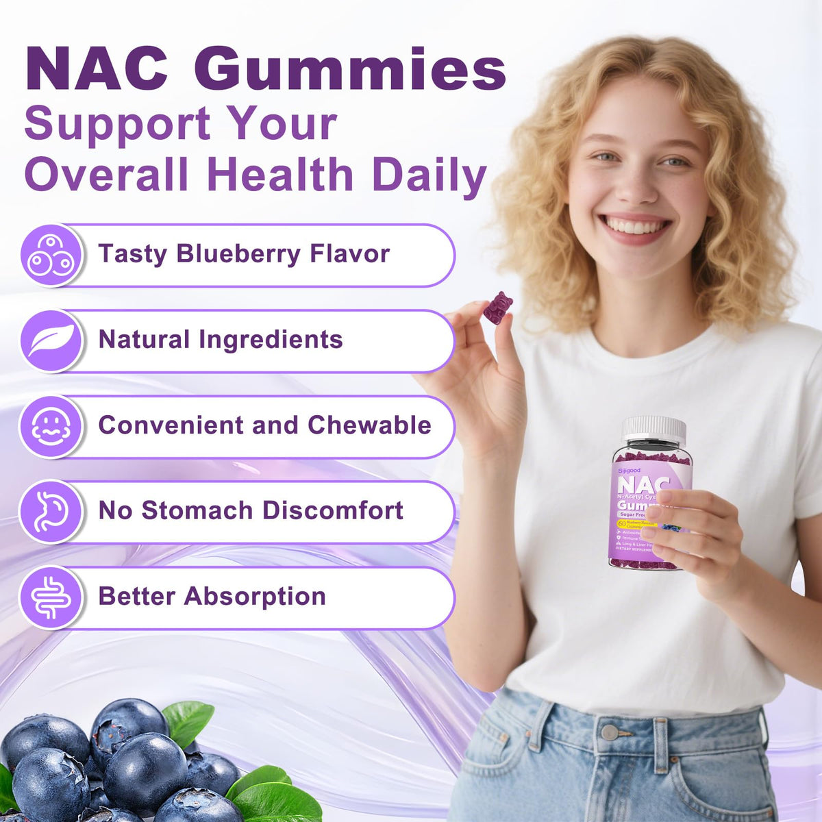 Bouteille de gummies NAC Sijigood avec fond neutre