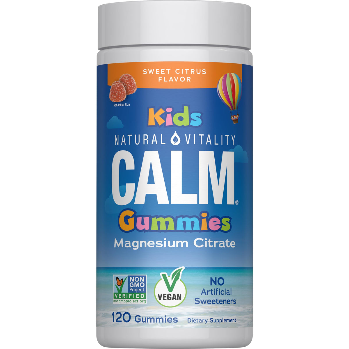 Bouteille de gummies Natural Vitality au magnésium calme pour enfants, 120 unités