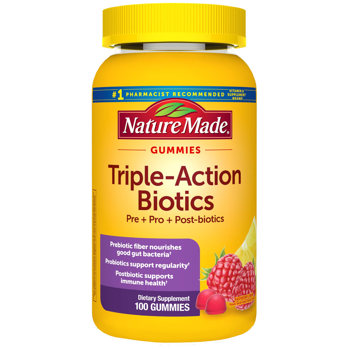 Bouteille de gummies Nature Made Biotiques Triple Action 100 gummies vue de face