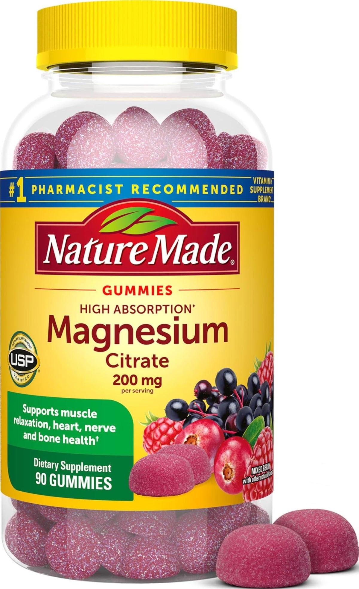 Bouteille de gummies Nature Made Magnésium Citrate 200 mg 90 gummies vue de face