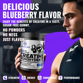 Bouteille de gummies Natures Aid sur une table avec des accessoires de fitness