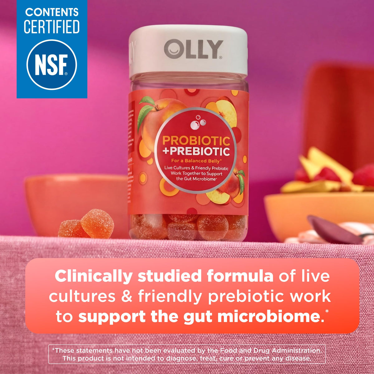 Bouteille de gummies OLLY avec 60 gummies à la pêche