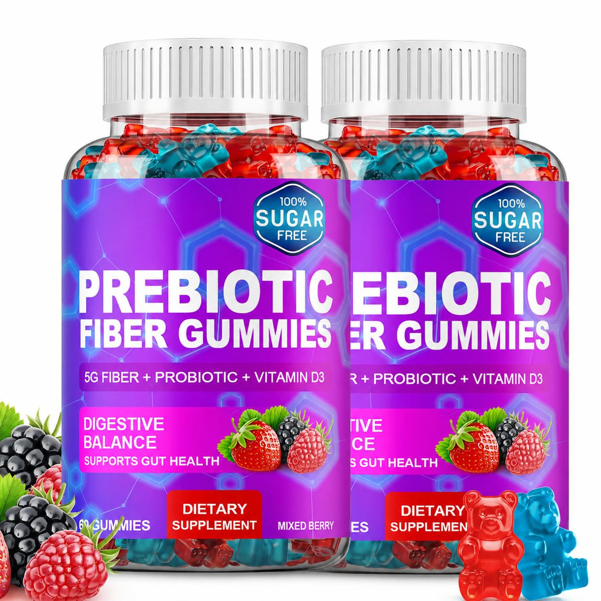 Bouteille de gummies prébiotiques Olyvaresta 120 unités vue de face