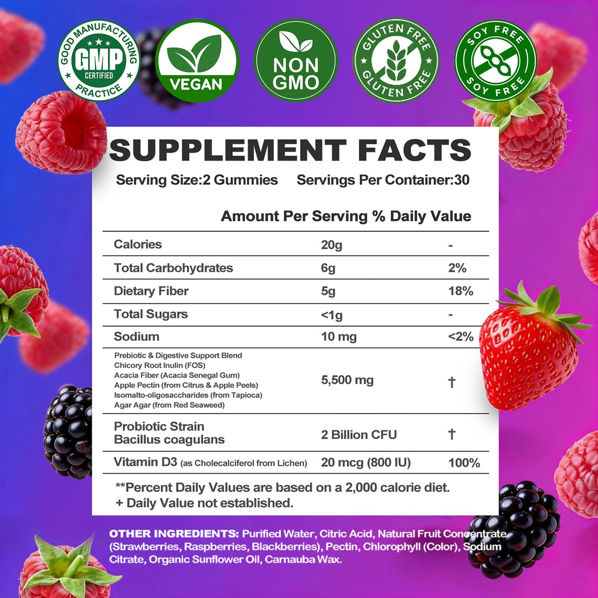 Bouteille de Gummies Prébiotiques Olyvaresta avec étiquette