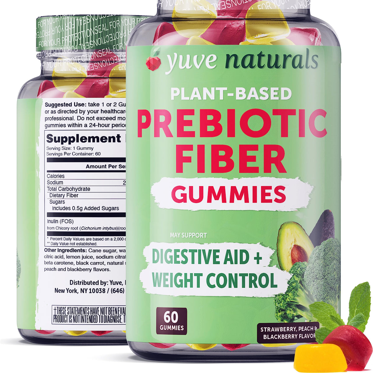 Bouteille de gummies prébiotiques Yuve avec 60 gommes à saveur d'orange