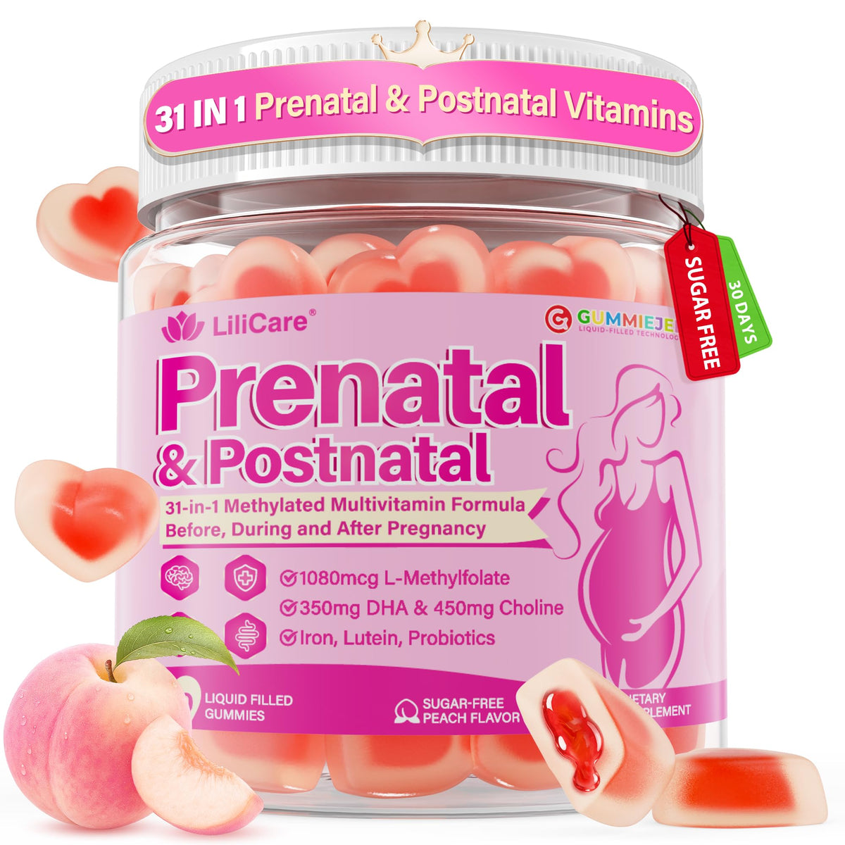 Bouteille de gummies prénatales LILICARE avec étiquette et contenu visible