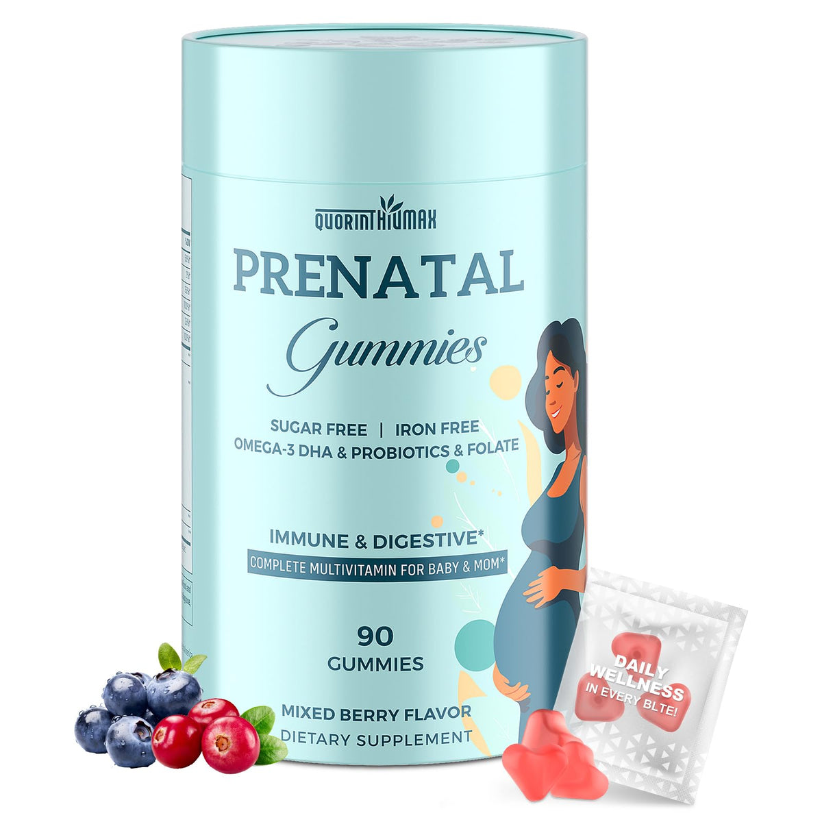 Bouteille de gummies prénatales Quorinthiumax avec 90 gummies en forme de cœur