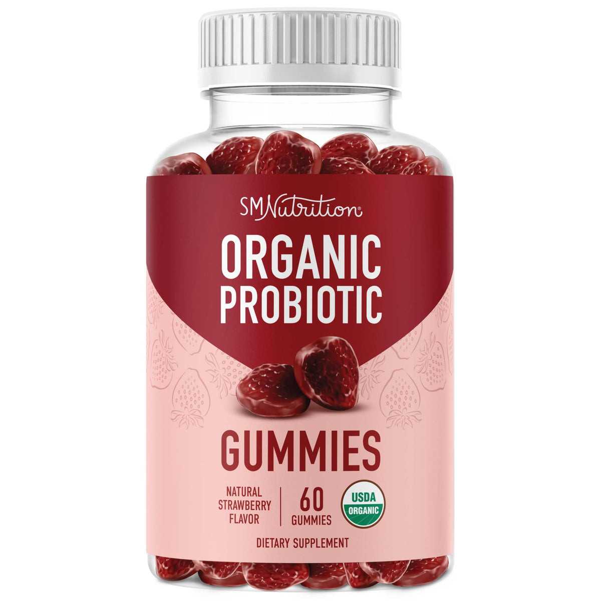Bouteille de gummies probiotiques biologiques SMNutrition vue de face