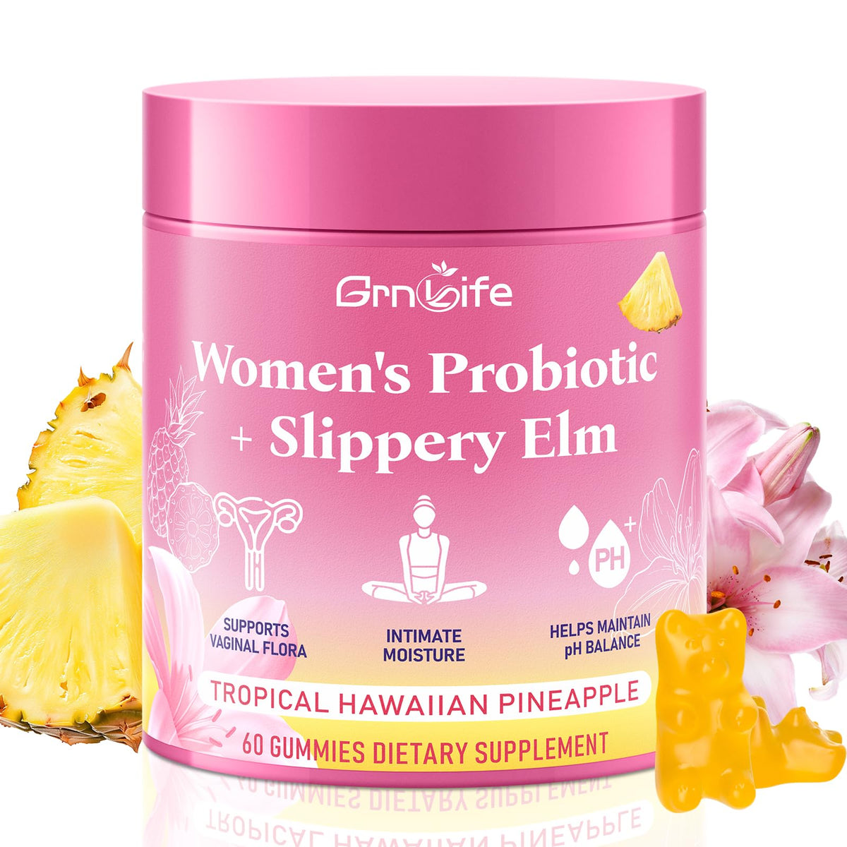 Bouteille de gummies probiotiques GrnLife pour femmes, saveur ananas, 60 gummies