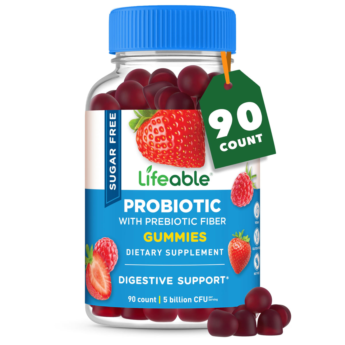 Bouteille de gummies probiotiques Lifeable 90 gummies saveur fraise