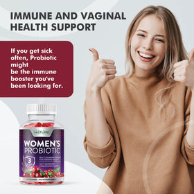 Bouteille de gummies probiotiques pour femmes avec étiquette visible