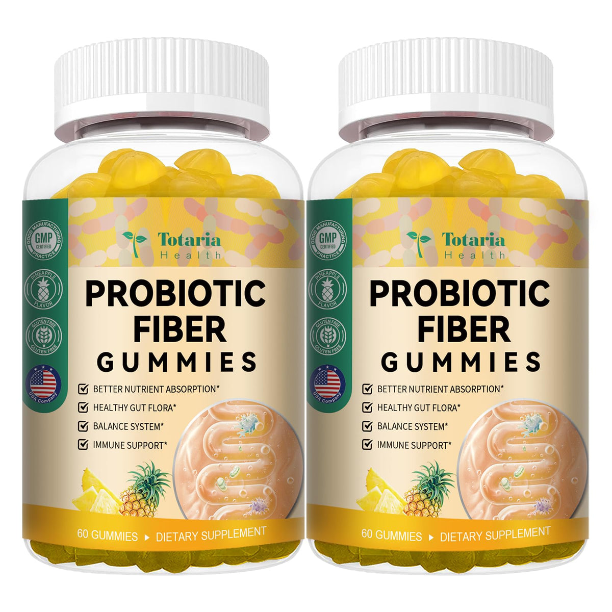 Bouteille de gummies probiotiques Totaria saveur ananas vue de face