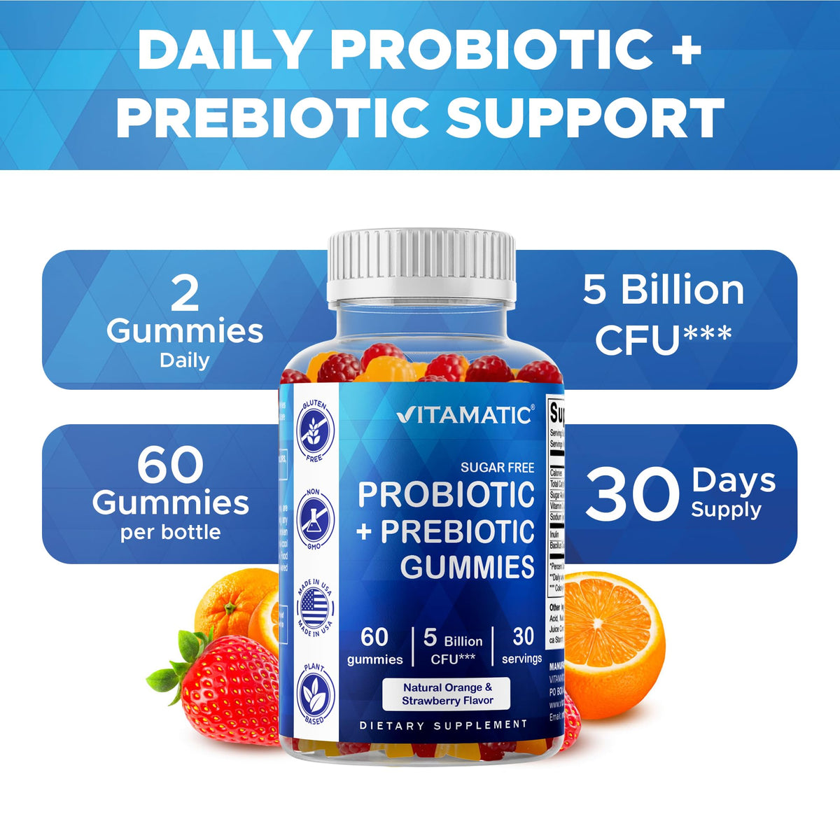 Bouteille de gummies probiotiques Vitamatic ouverte avec gummies visibles