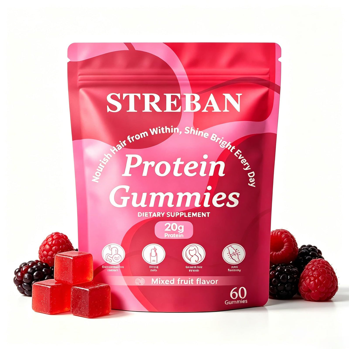 Bouteille de gummies protéinées STREBAN avec 60 gummies à l'intérieur