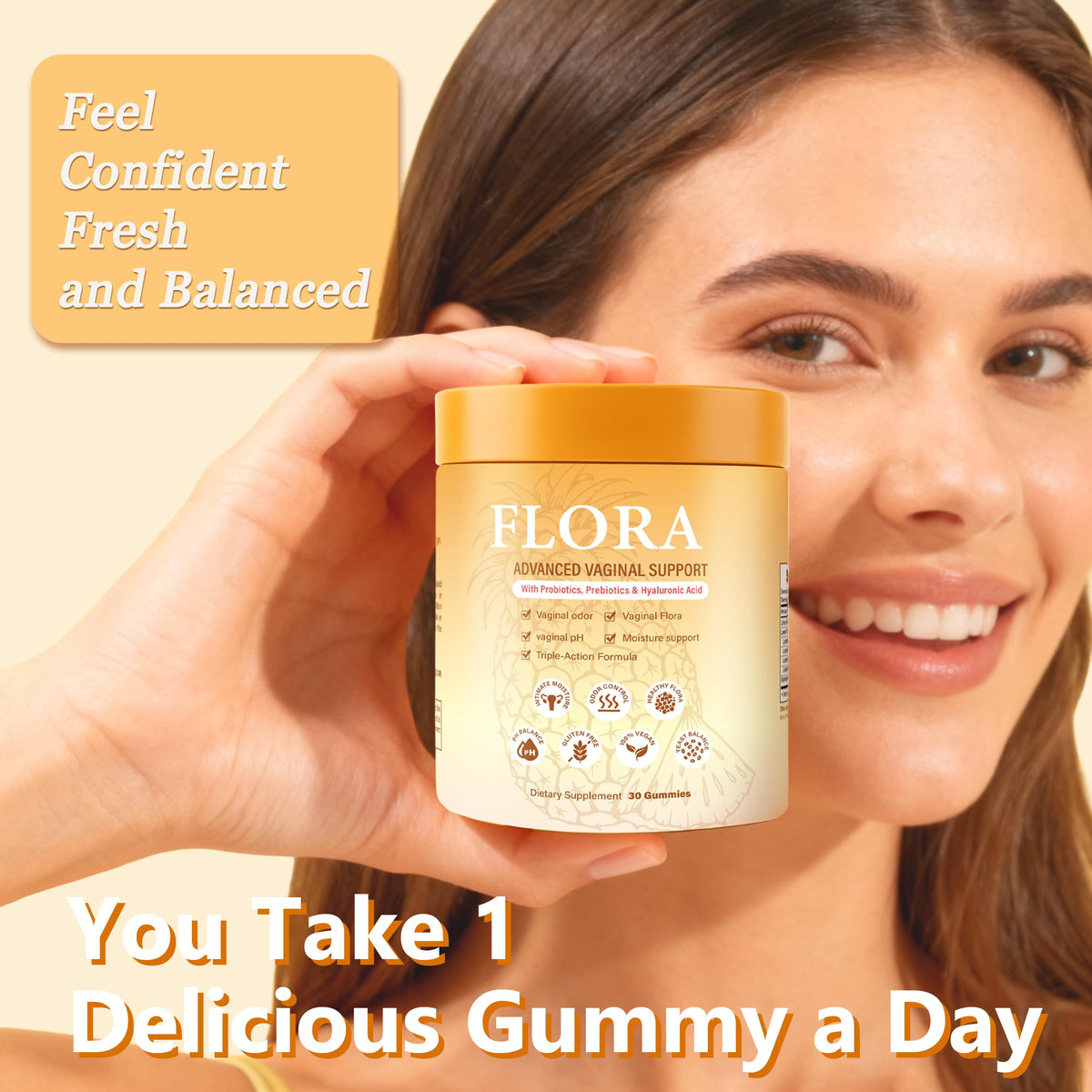 Bouteille de gummies RTQSU Flora Plus avec étiquette