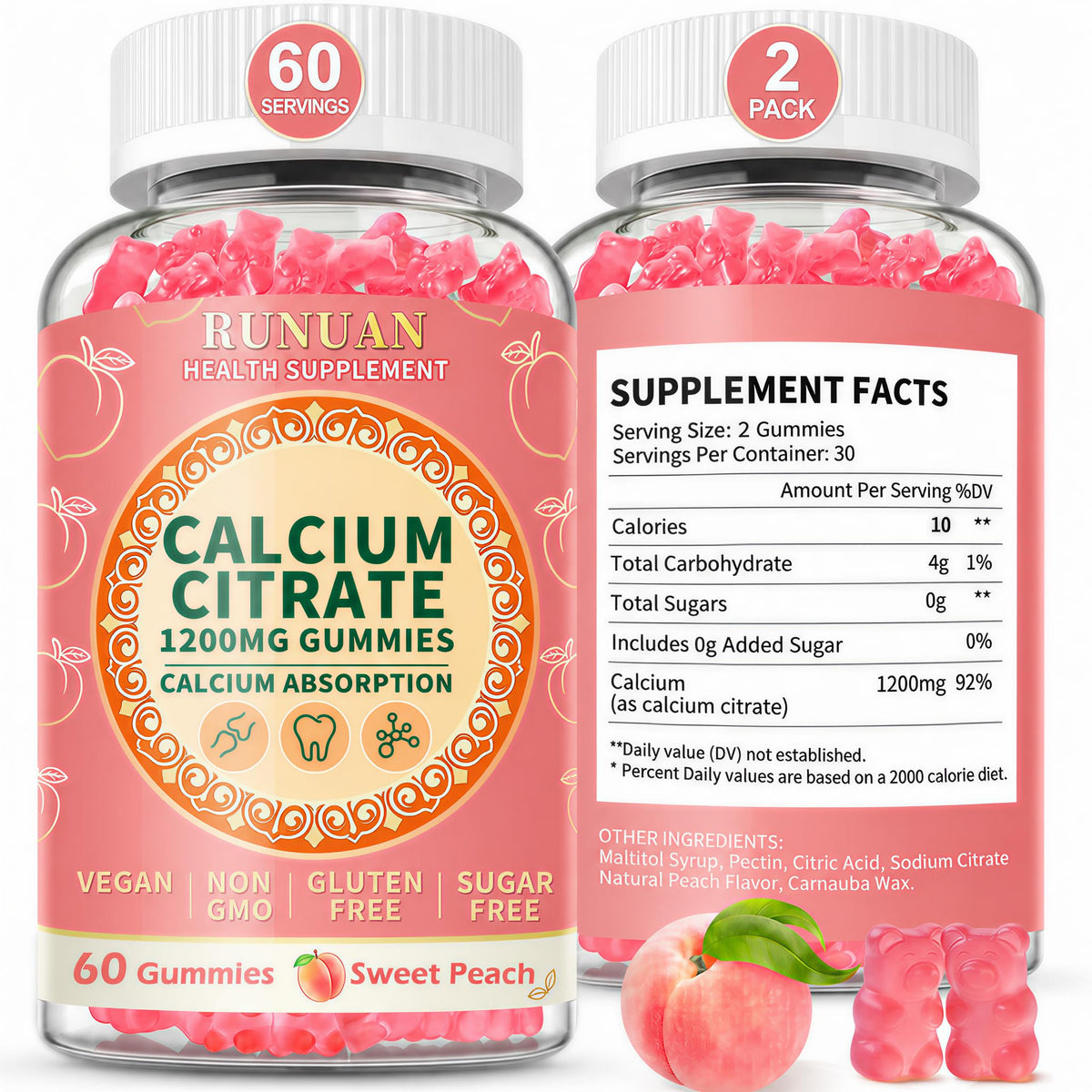 Bouteille de gummies RUNUAN au citrate de calcium 1200mg vue de face