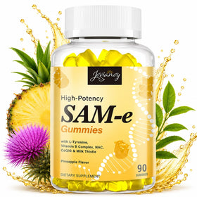 Bouteille de gummies SAM-e de Jovianoy vue de face avec étiquette ananas
