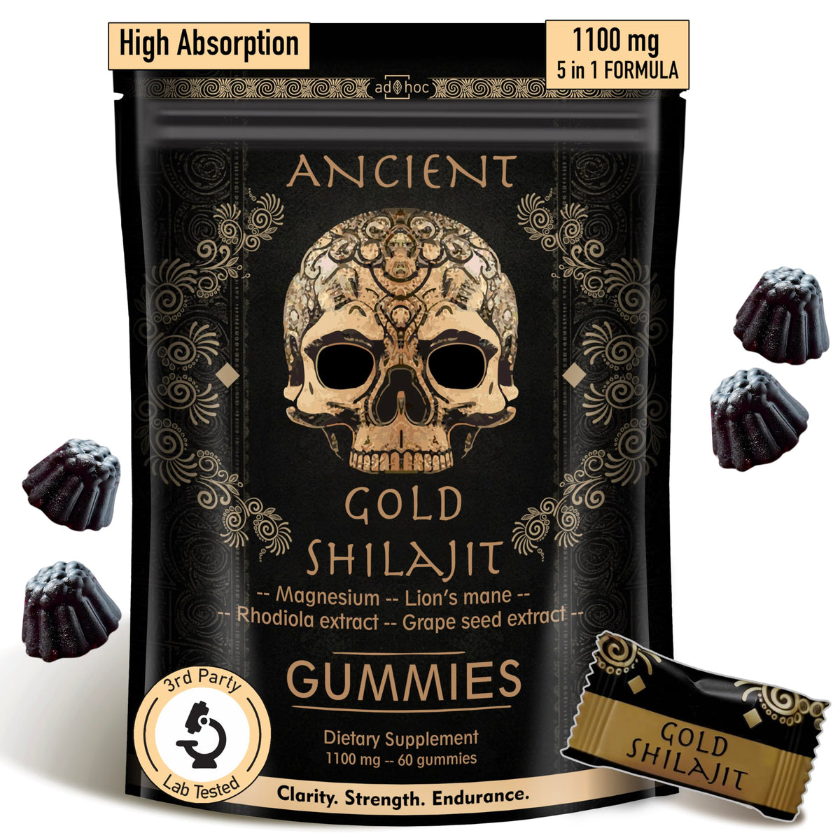 Bouteille de gummies Shilajit ad hoc 1100mg vue de face