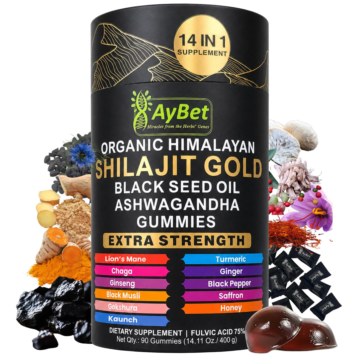 Bouteille de Gummies Shilajit Himalayen Bio AyBet vue avant avec étiquette