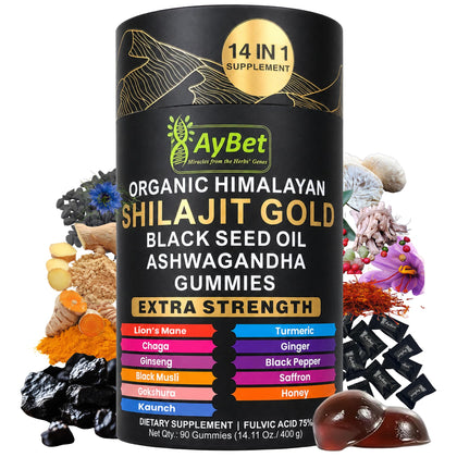 Bouteille de Gummies Shilajit Himalayen Bio AyBet vue avant avec étiquette