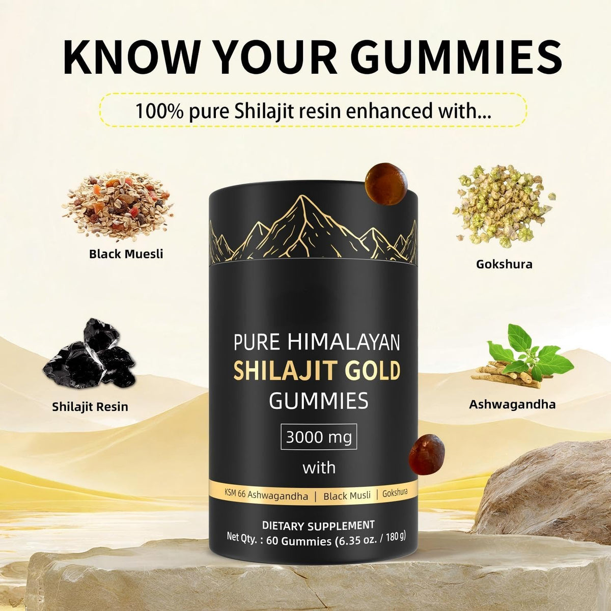Bouteille de gummies Shilajit HWAXIGO montrant le couvercle