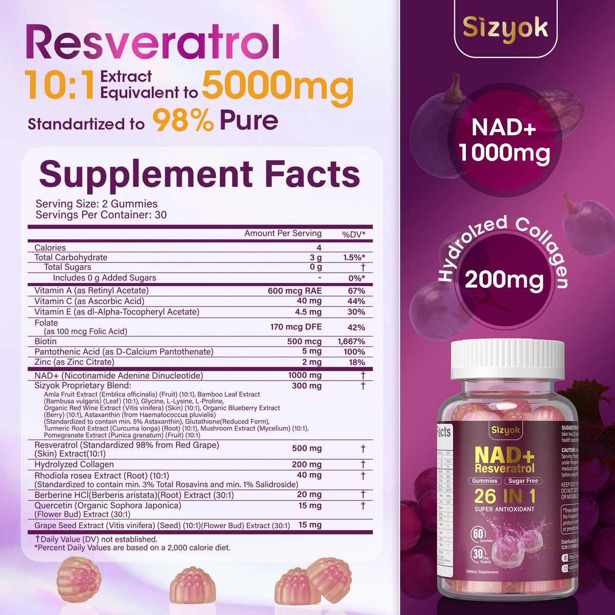 Bouteille de gummies Sizyok au resvératrol avec 60 gummies