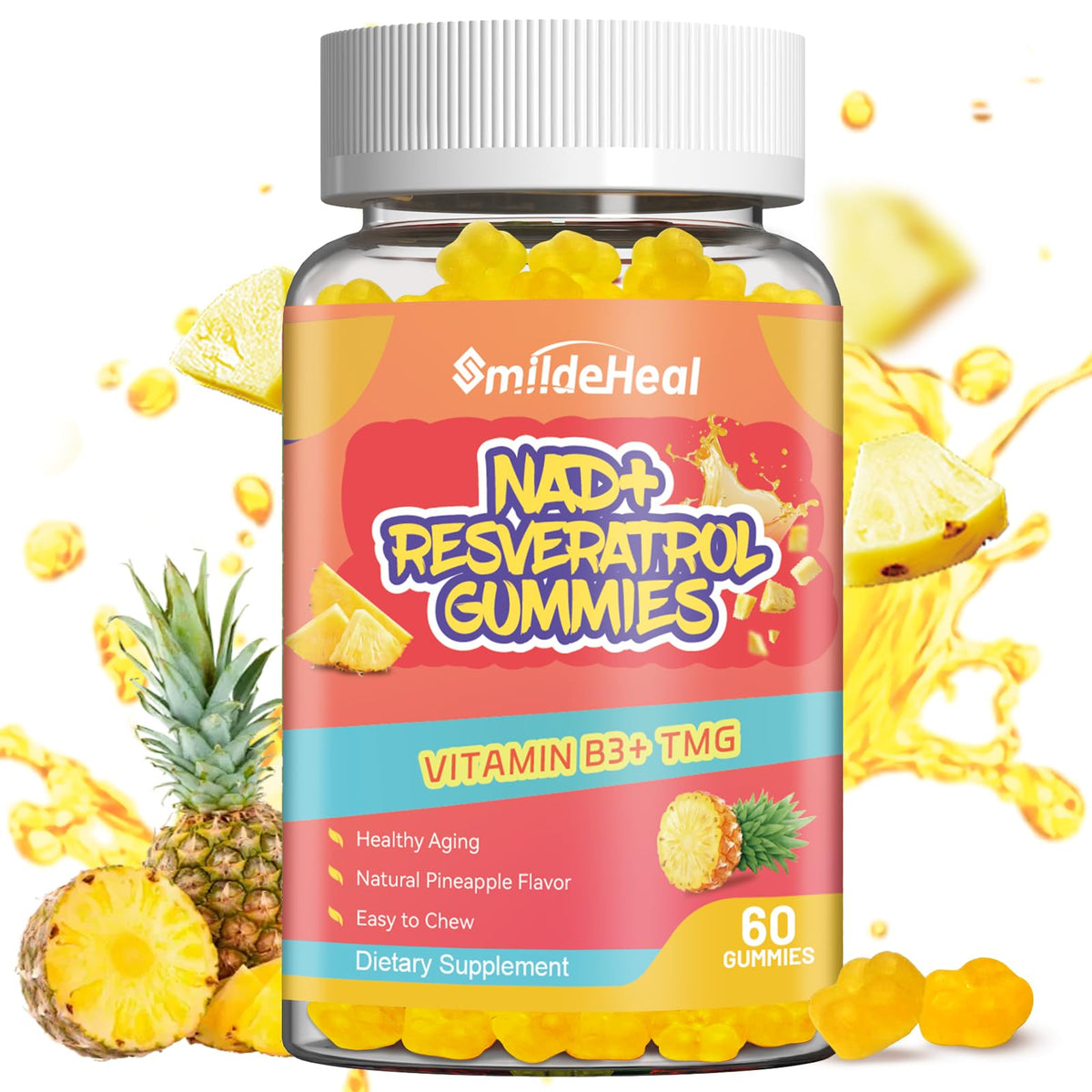 Bouteille de gummies SmildeHeal NAD+ Resveratrol 500mg, vue de face
