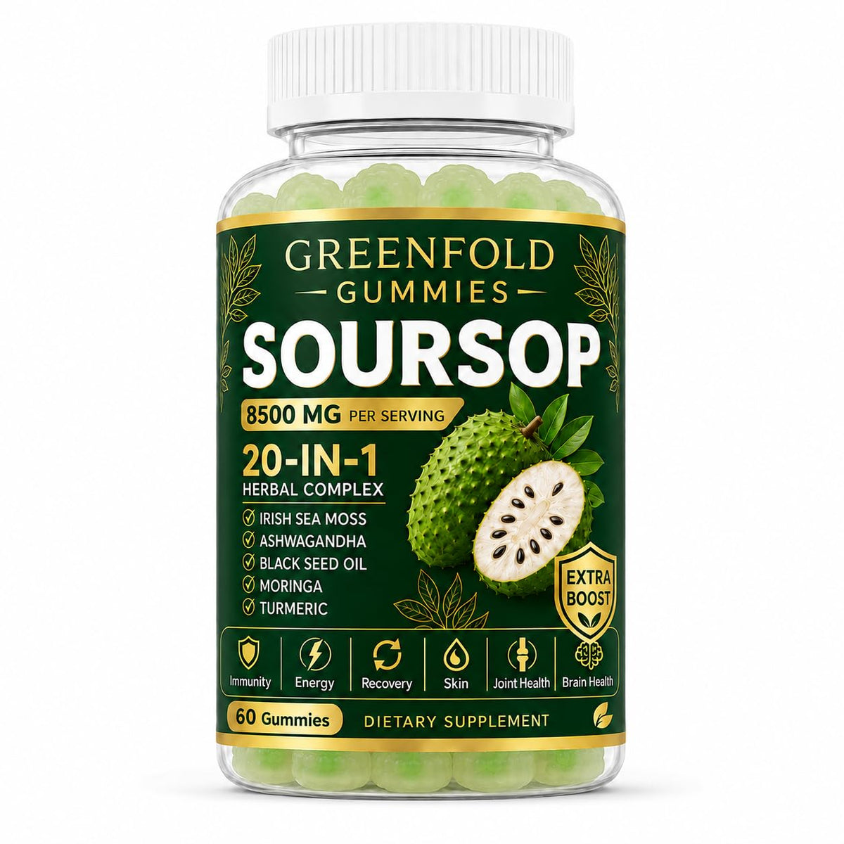 Bouteille de gummies Soursop Greenfold 60 gummies vue de face